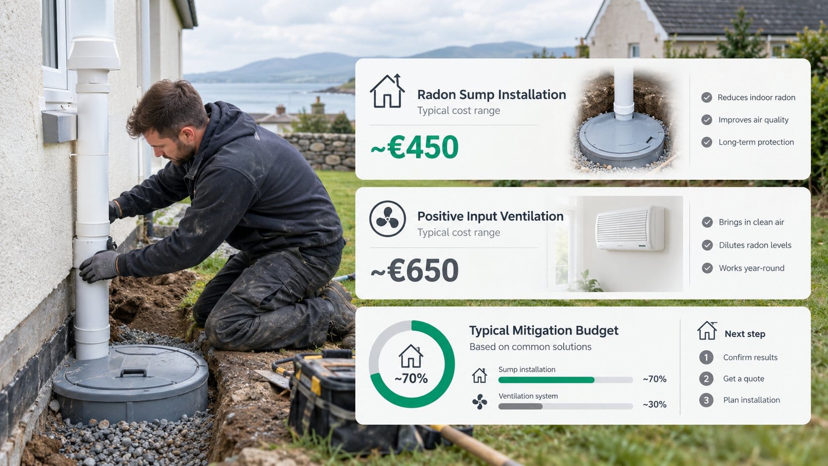 A clear chart focused on residential radon mitigation costs in Ireland, showing typical cost ranges for systems like rad