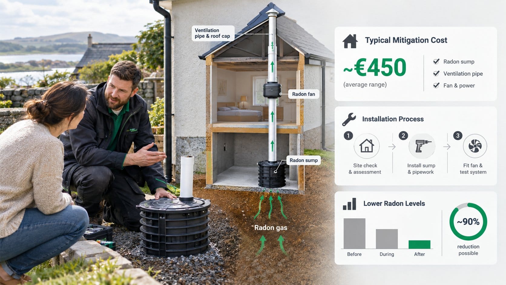 An informative scene about home radon mitigation costs in Ireland, showing a contractor explaining a radon sump and vent
