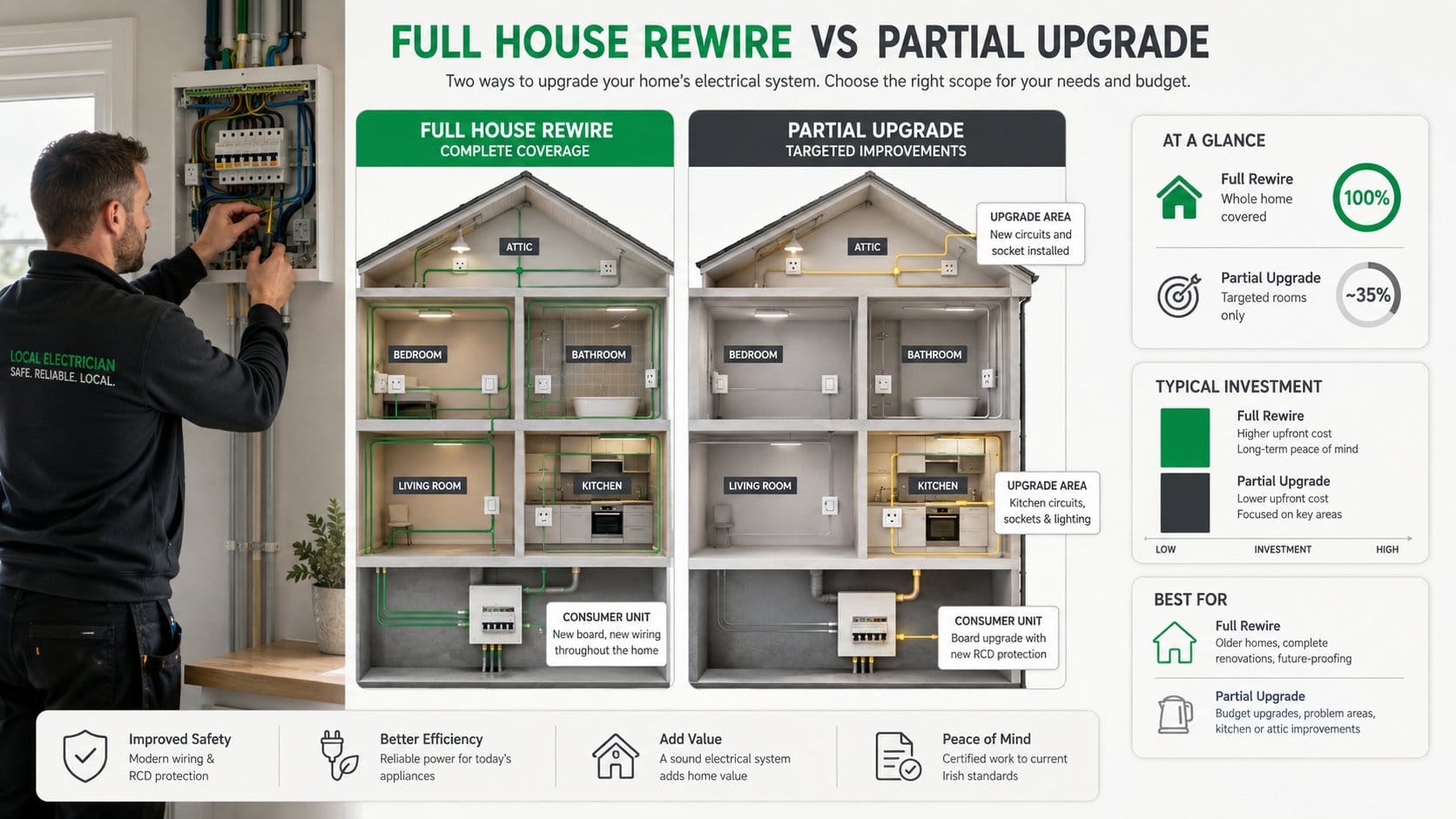 A clear comparison graphic for an Irish home electrical article, showing full house rewire versus partial electrical upg