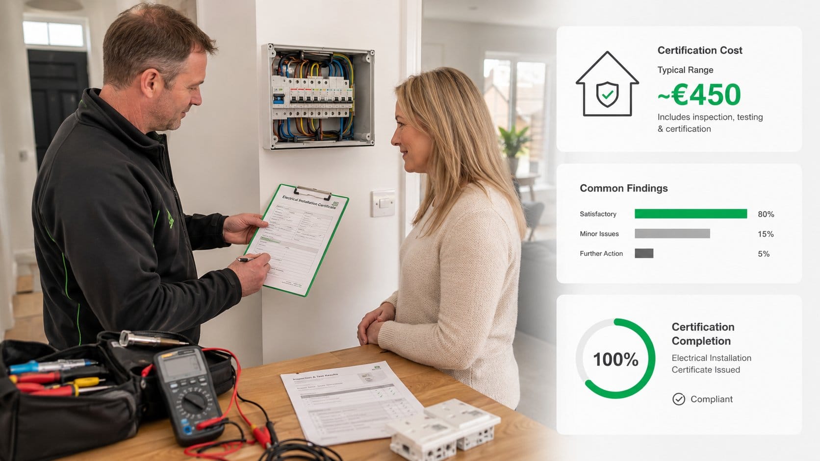 An informative scene for an Irish home electrical certification section, showing a modern consumer unit, a registered el