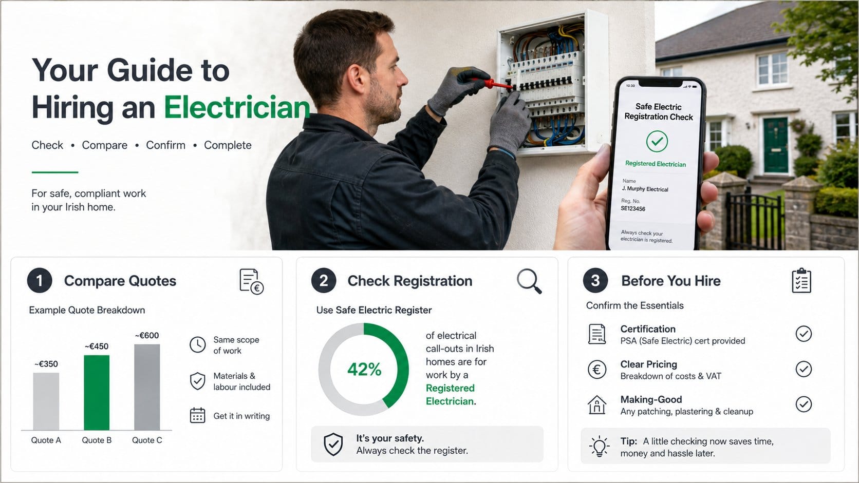 A helpful infographic for an Irish home electrical guide, showing a homeowner comparing electrician quotes, a Safe Elect