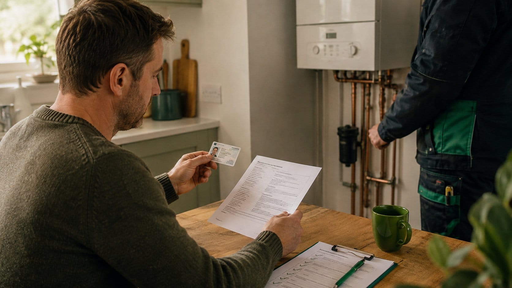 A homeowner reviewing a gas installer's ID card, registration number, insurance details, and safety certificate at a kit