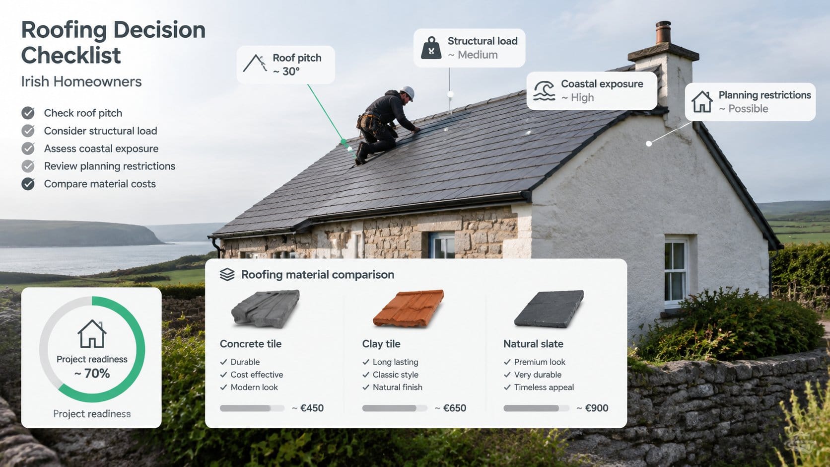 A roofing decision checklist for Irish homeowners, showing a pitched house roof with visual callouts for roof pitch, str