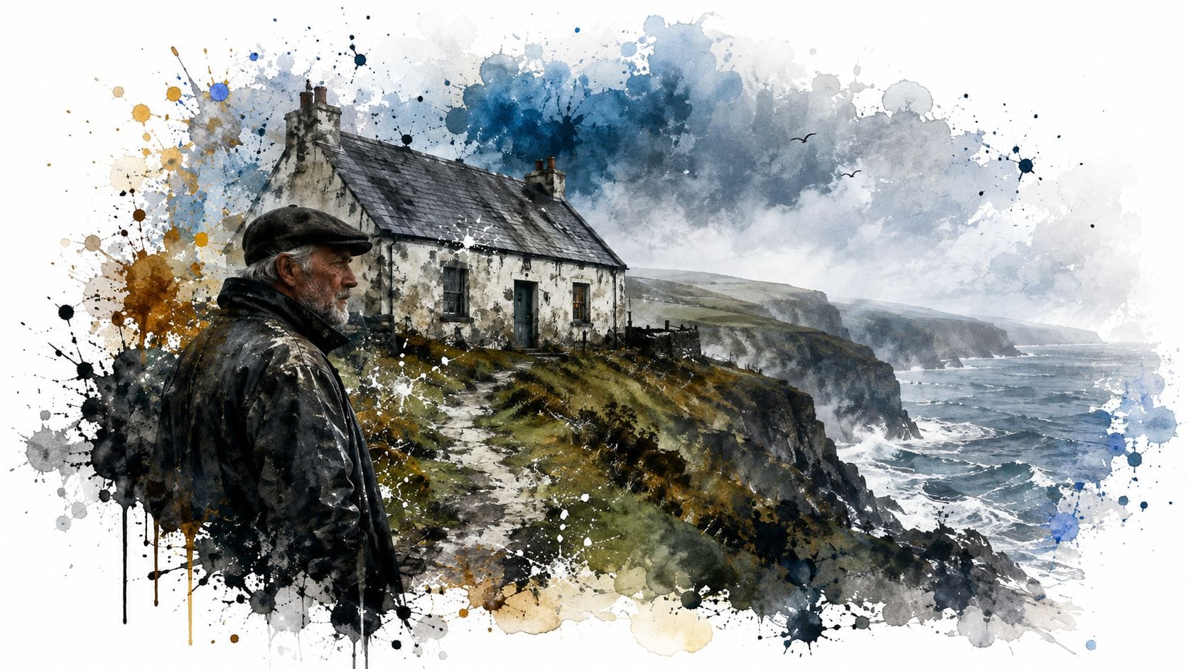 An elderly man in a cap and jacket looks towards a weathered stone cottage on a coastal cliff.