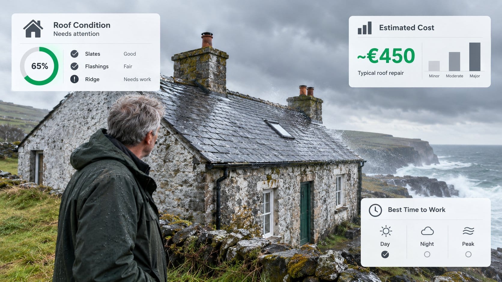 A weathered Irish coastal cottage with a pitched slate roof on a rugged cliffside, strong Atlantic wind, dark rain cloud