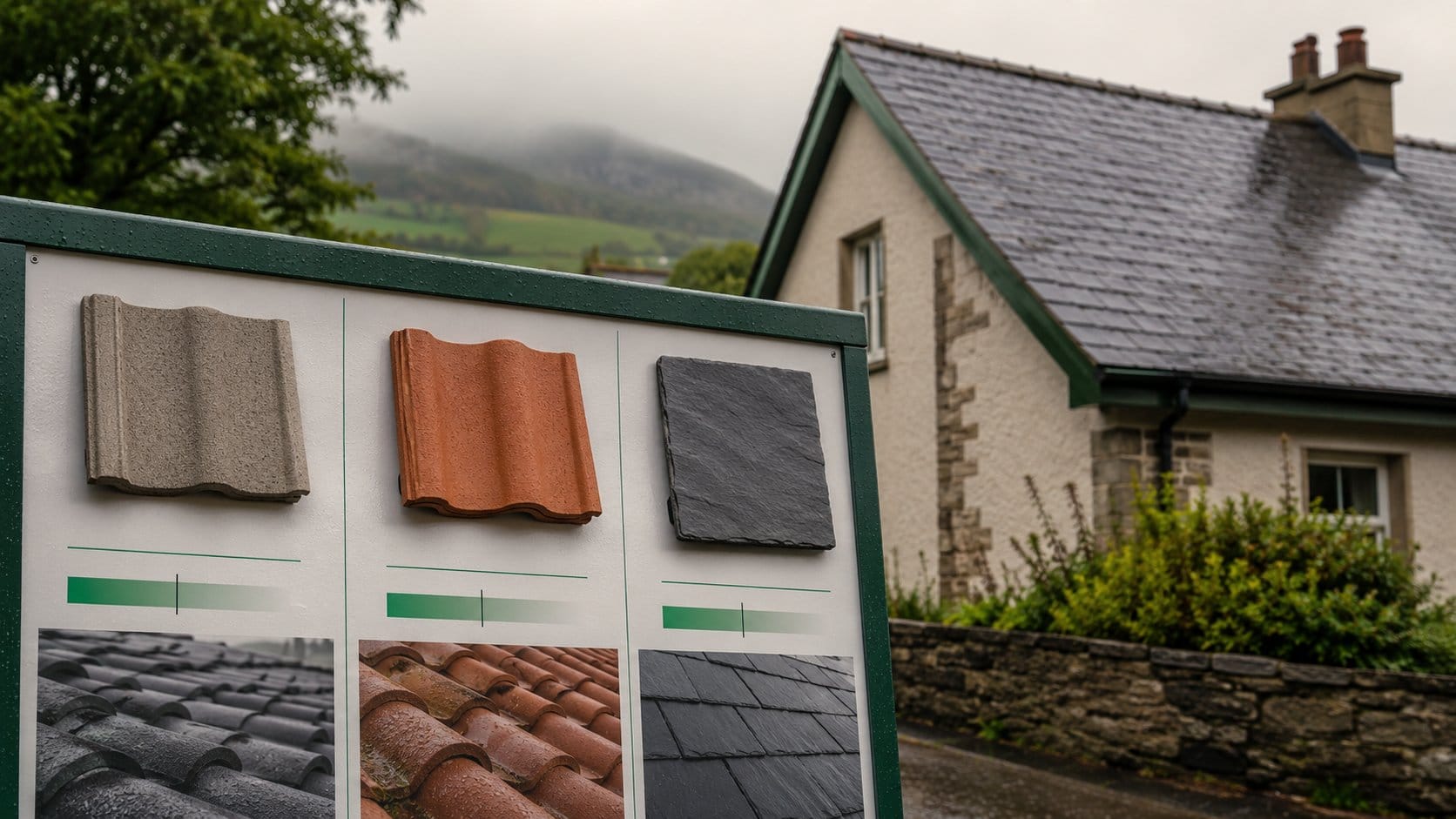A clear roofing cost comparison visual for Irish homeowners, showing concrete roof tiles, clay tiles, and natural slate 