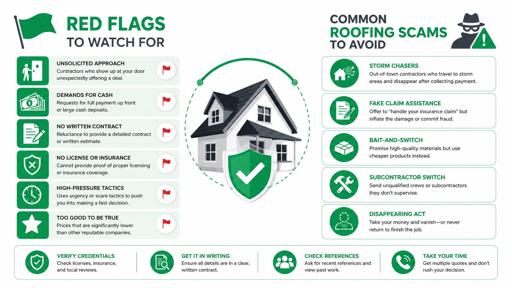 An infographic detailing red flags to watch for and common roofing contractor scams to avoid.