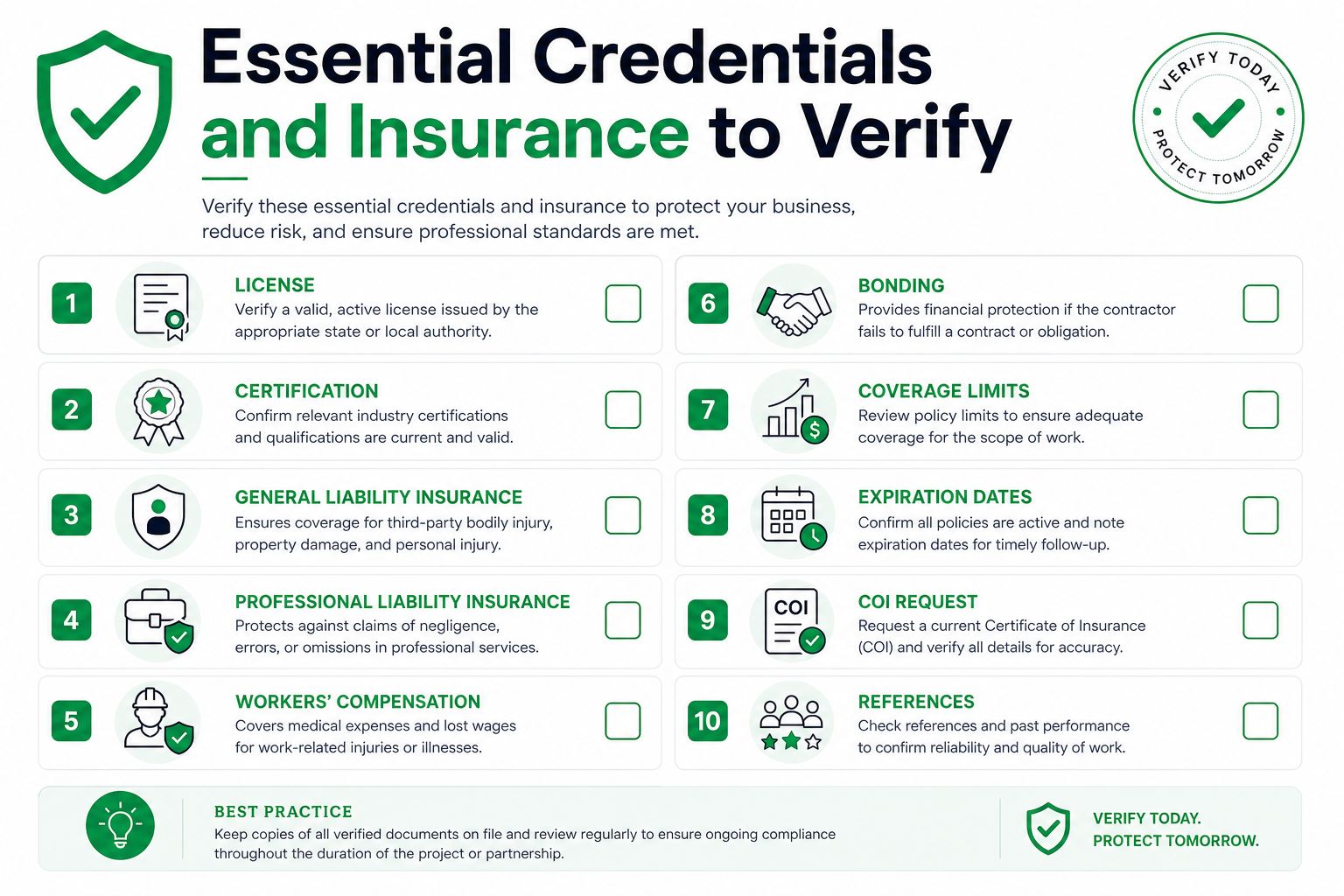 A checklist for businesses outlining ten essential credentials and insurance documents to verify for professional contractors.