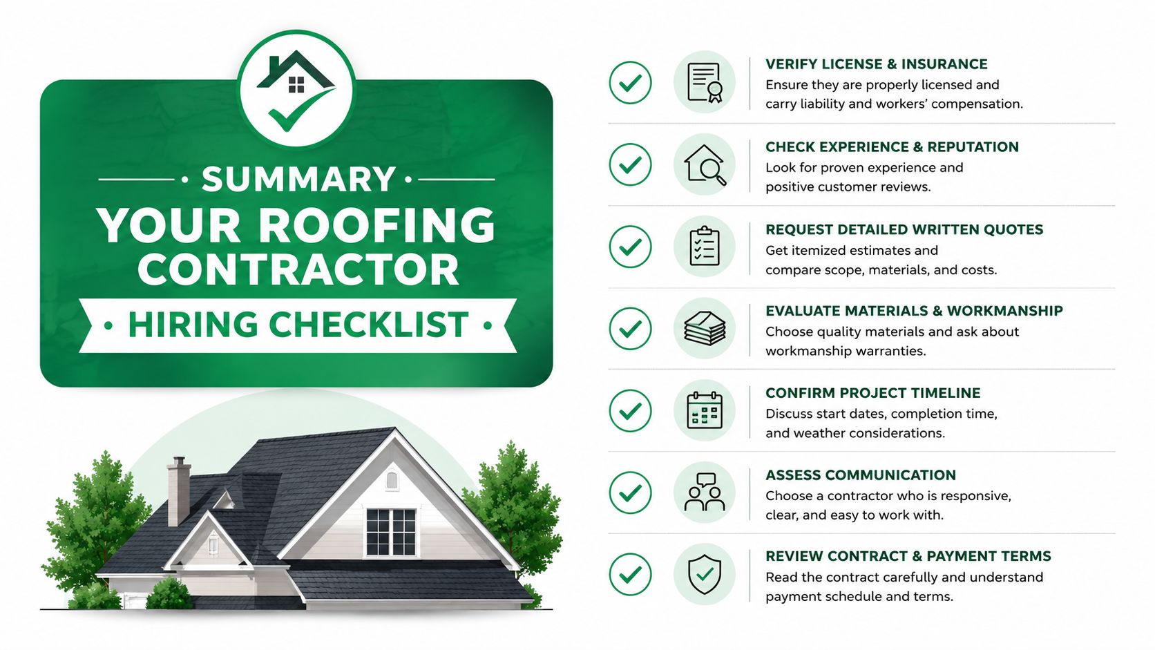 An informative infographic checklist for hiring professional roofing contractors for residential home repair and construction projects.
