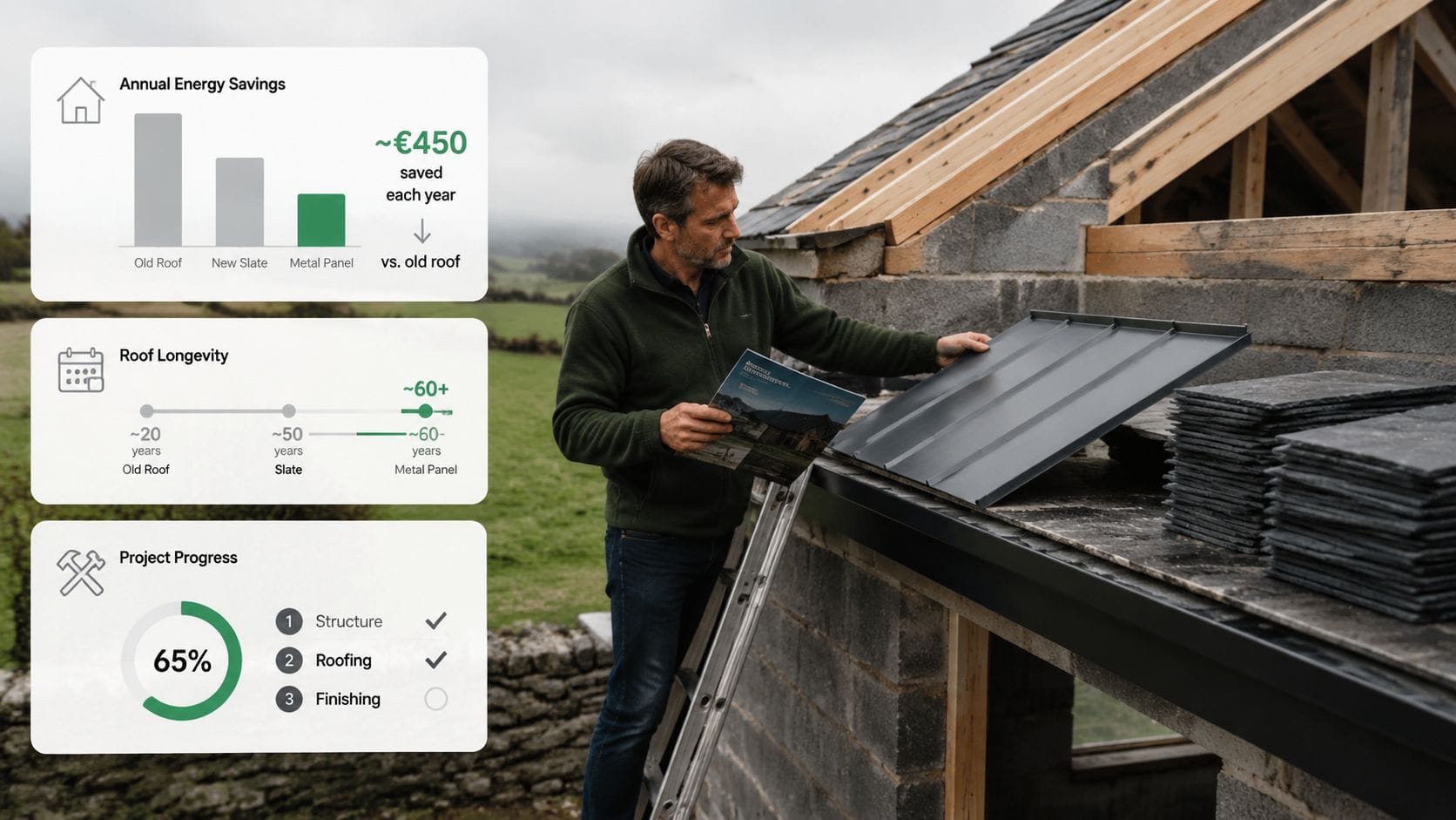 A professional builder inspecting metal roofing sheets on a house project with digital performance metrics overlaid.