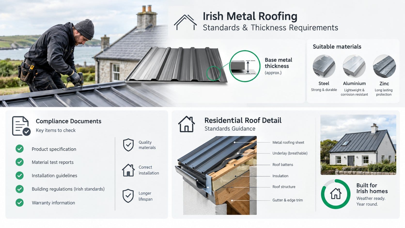 A clear section graphic for Irish metal roofing standards and thickness requirements, showing roofing sheet cross-sectio
