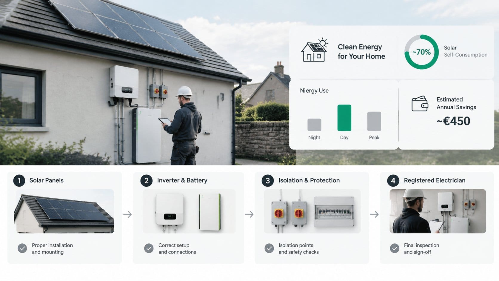 A clear residential solar battery installation safety diagram for an Irish home, showing a four-step compliance process