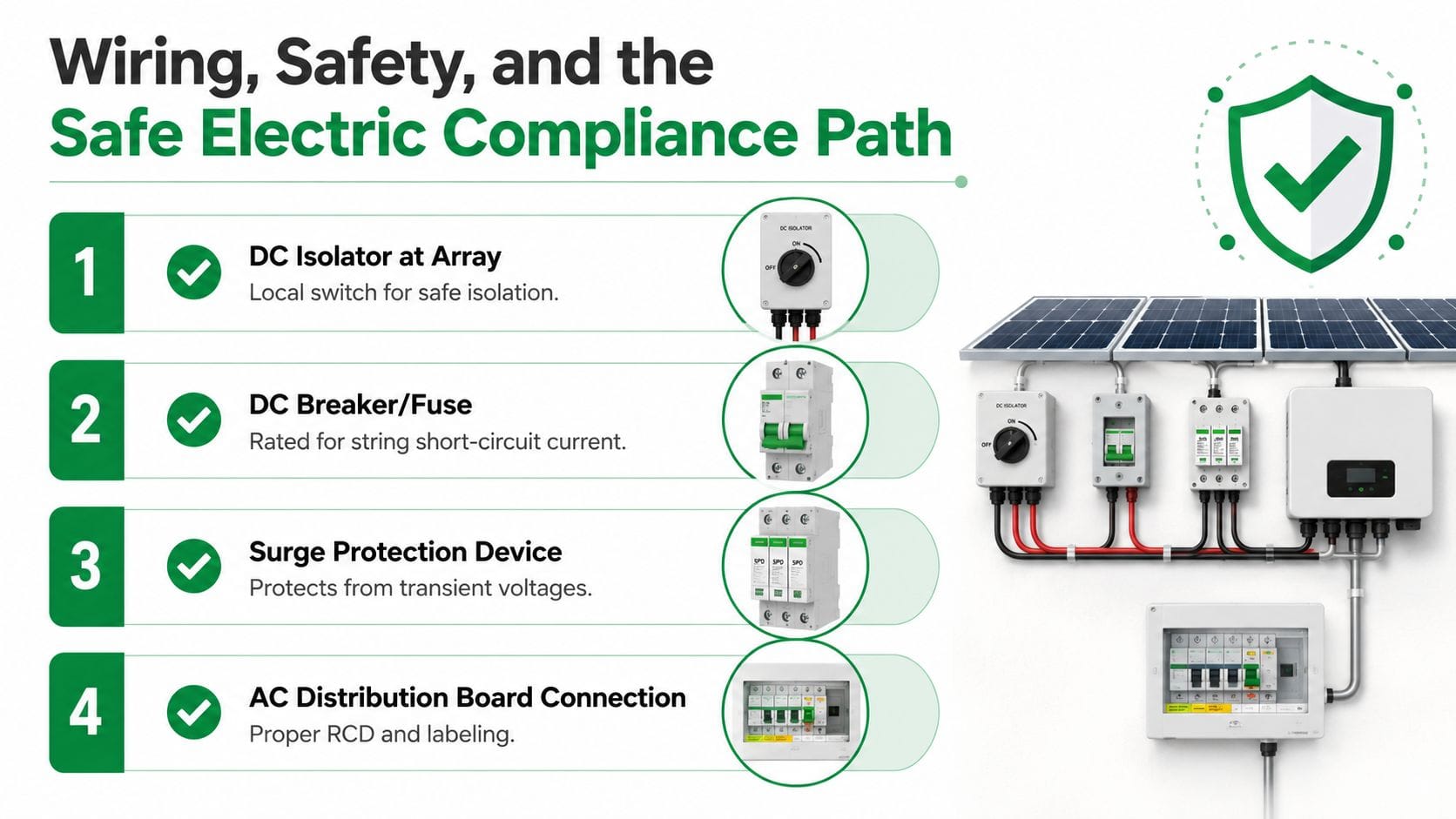 A diagram outlining the four-step safety compliance process for installing a professional solar panel electrical system.