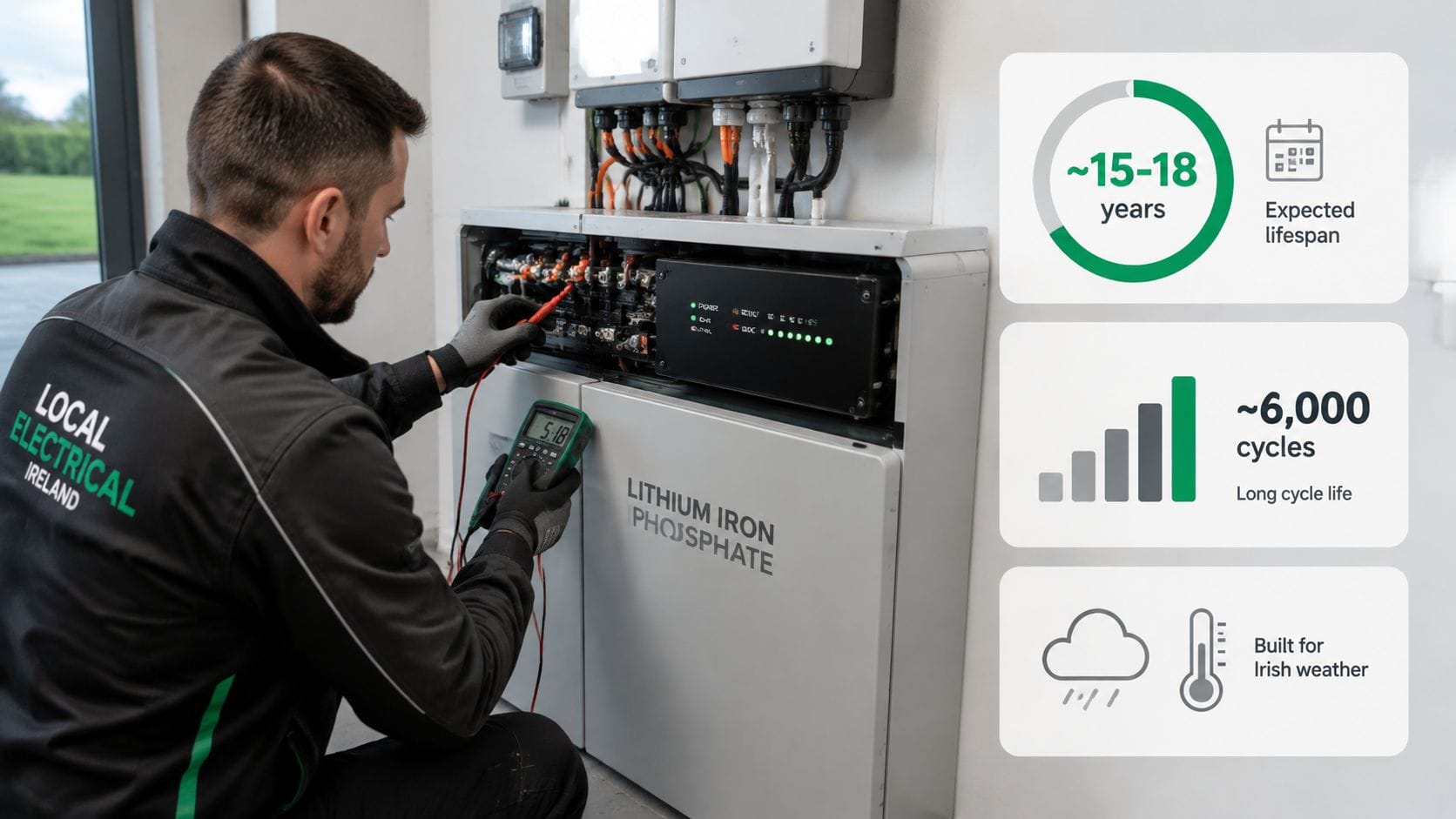 An electrician using a multimeter to inspect a lithium iron phosphate home battery energy storage system.
