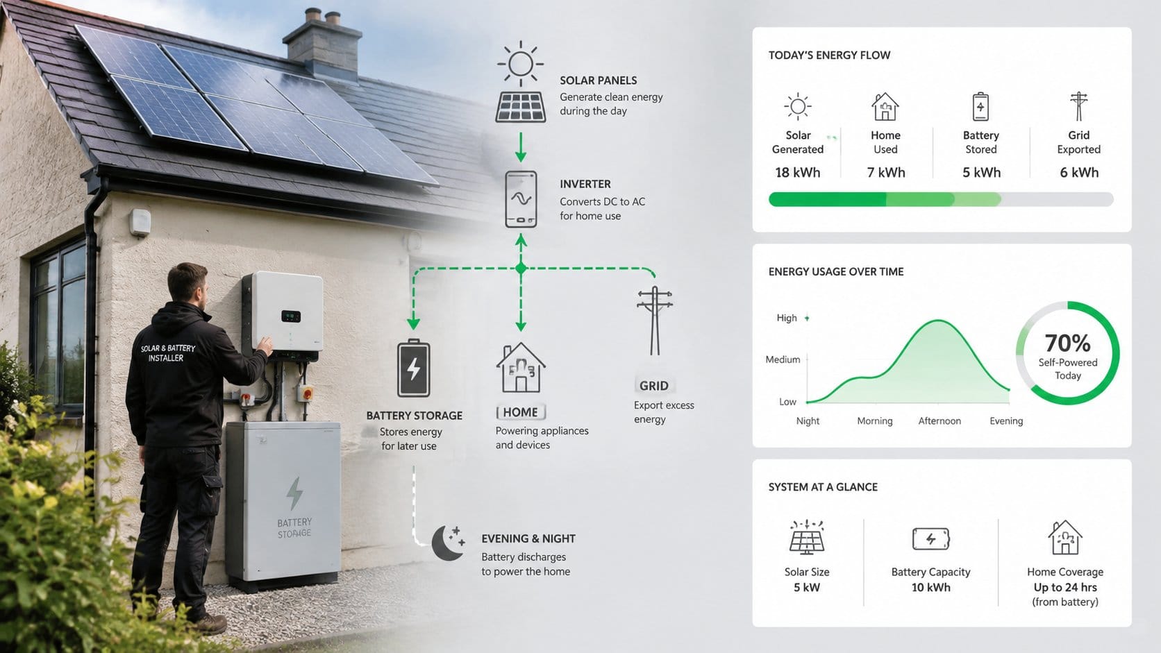 A clear residential diagram showing how rooftop solar panels connect to a home battery system in Ireland, with labeled e