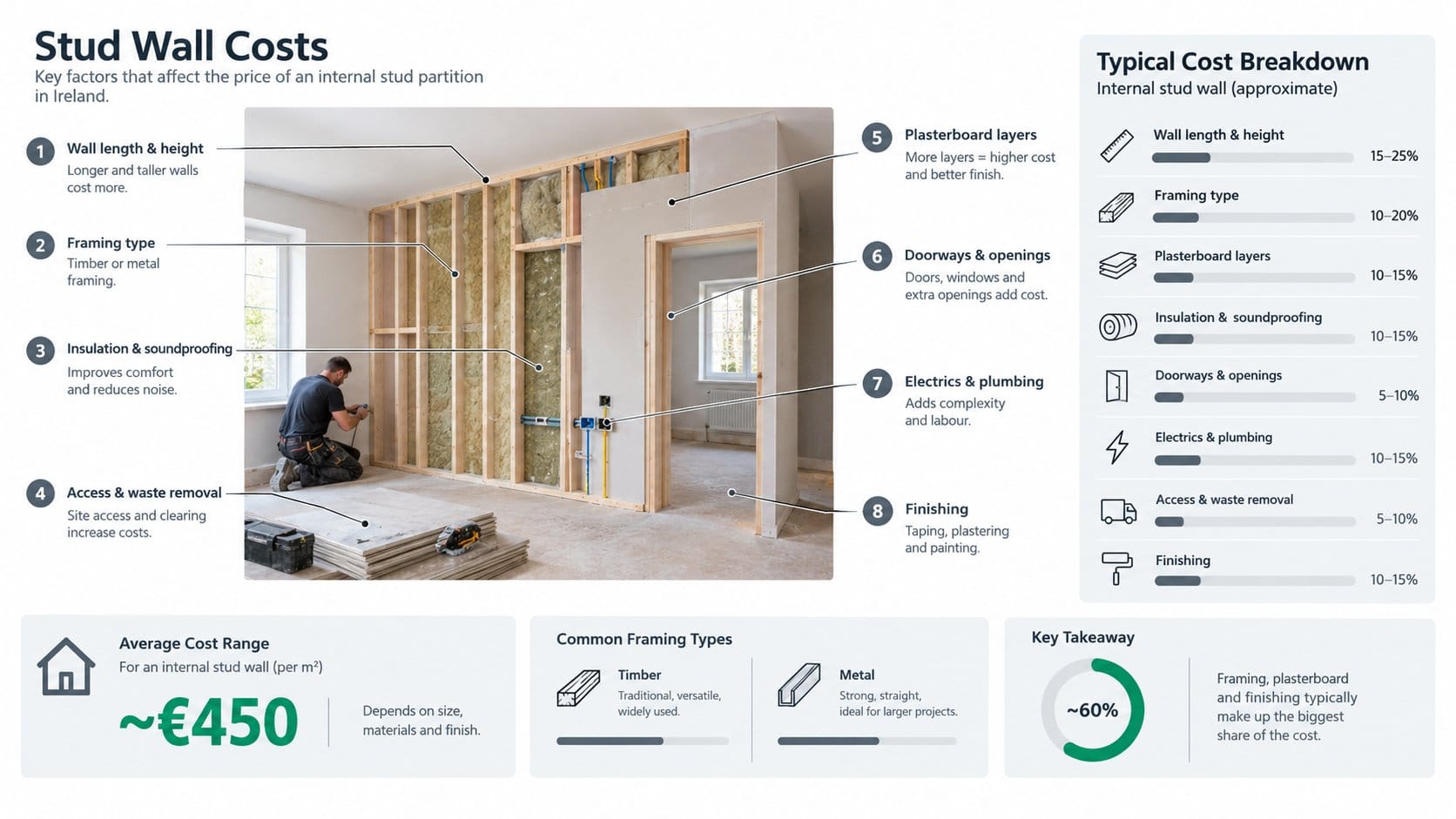 An informative construction infographic for a homeowner guide about stud wall costs in Ireland, showing the main price d