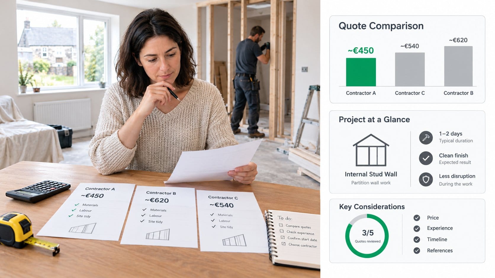 A homeowner comparing contractor quotes for an internal stud wall project in Ireland, with printed estimates on a table,