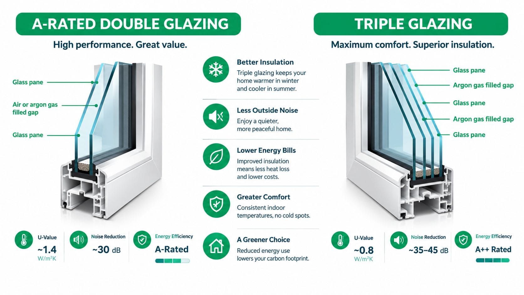A comparison infographic between A-rated double glazing and triple glazing windows showing technical specifications and benefits.