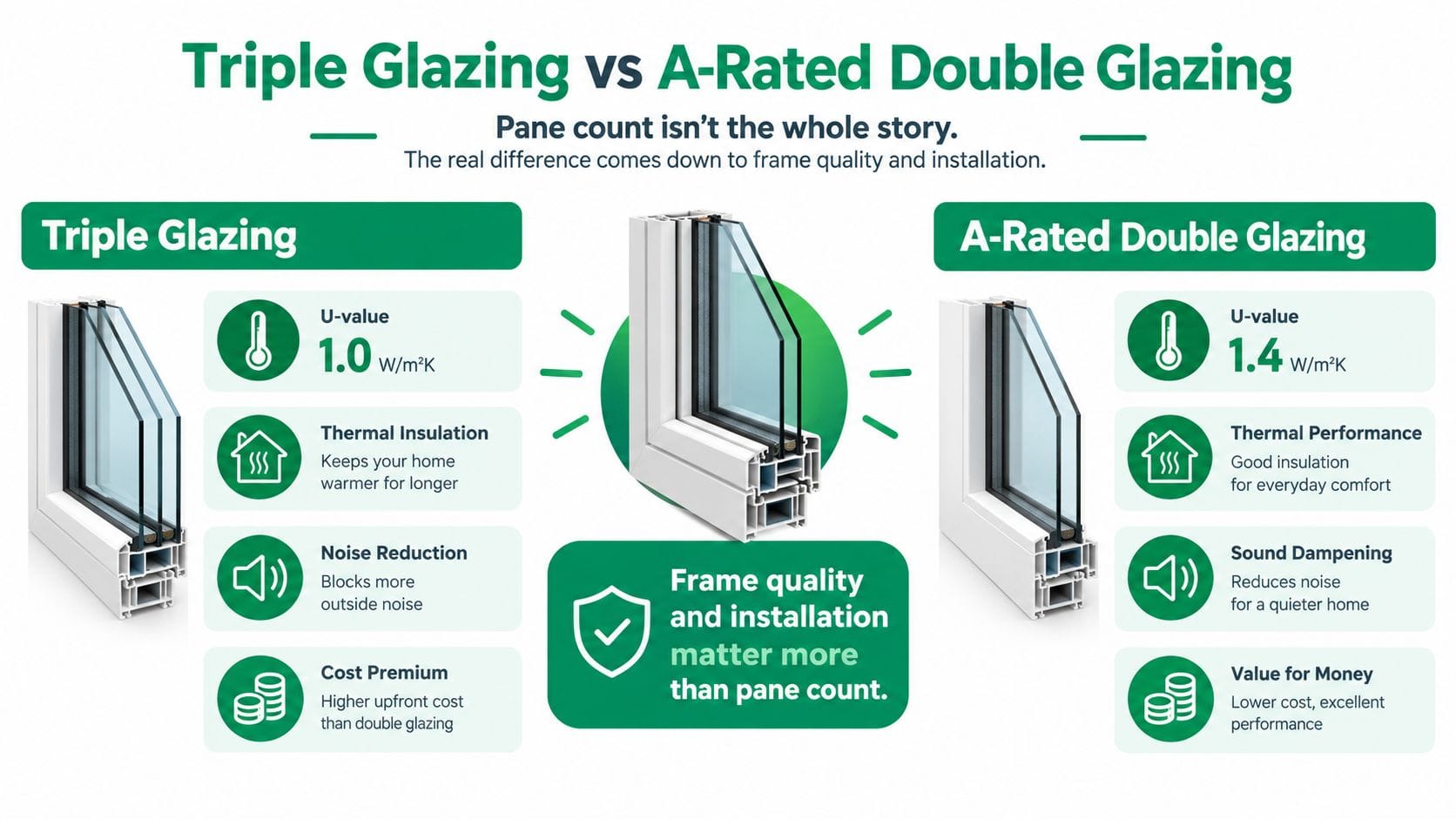 A comparison infographic between triple glazed and A-rated double glazed windows highlighting thermal and acoustic performance.