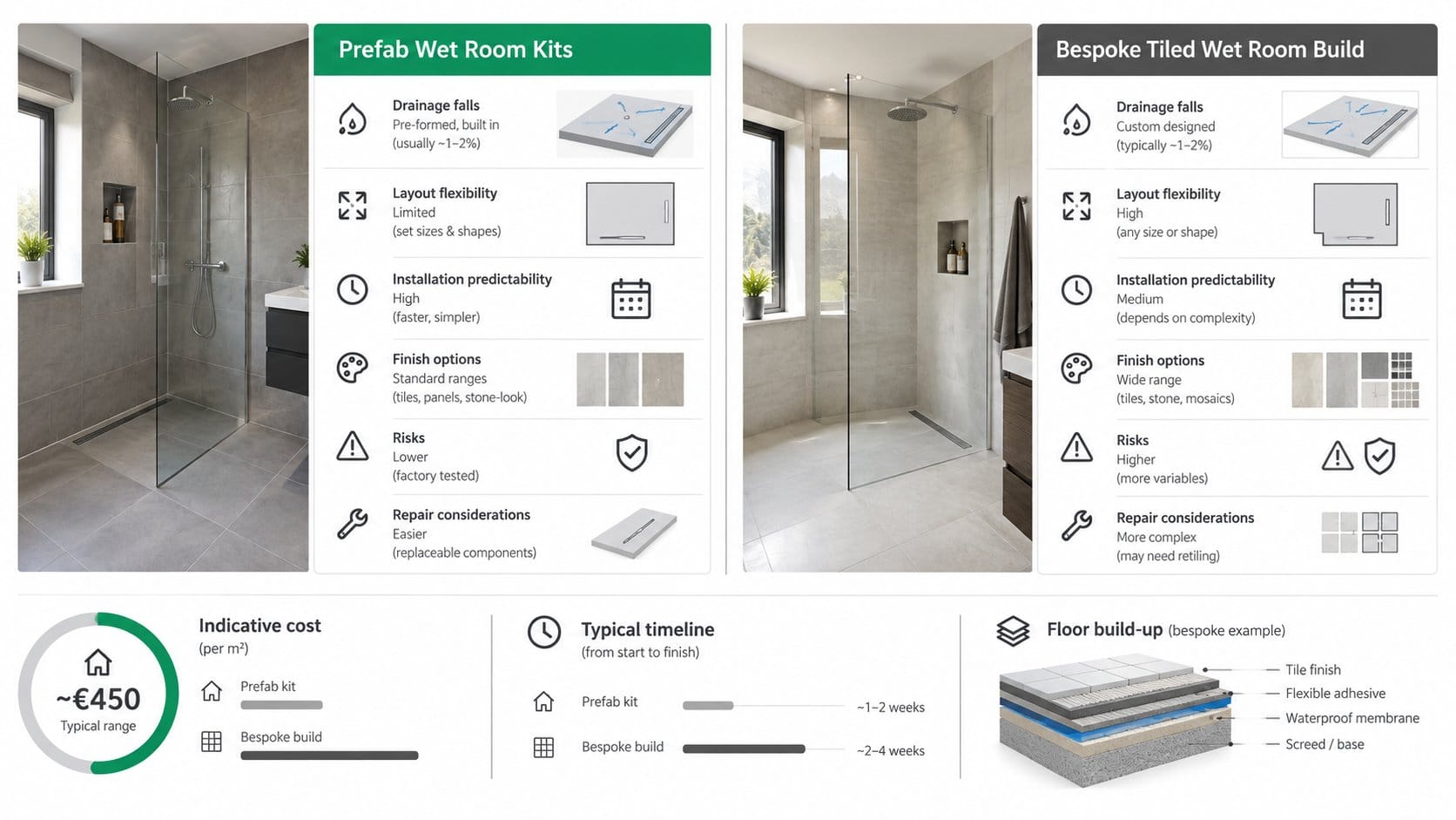 A clear comparison graphic for a bathroom renovation article, showing prefab wet room kits versus bespoke tiled wet room