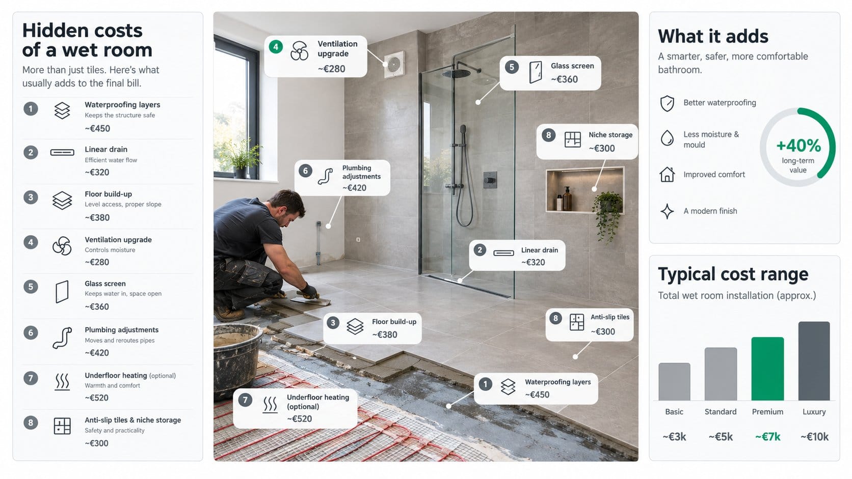 An informative bathroom renovation visual showing the hidden and commonly overlooked costs of a residential wet room ins