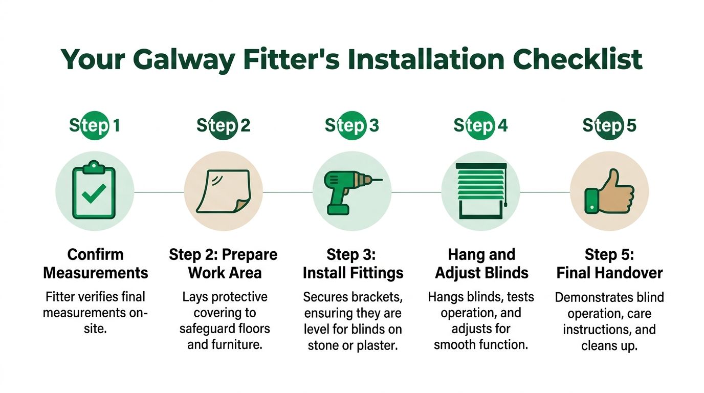 A five-step installation checklist for fitting window blinds, illustrating the process from measurement to final handover.