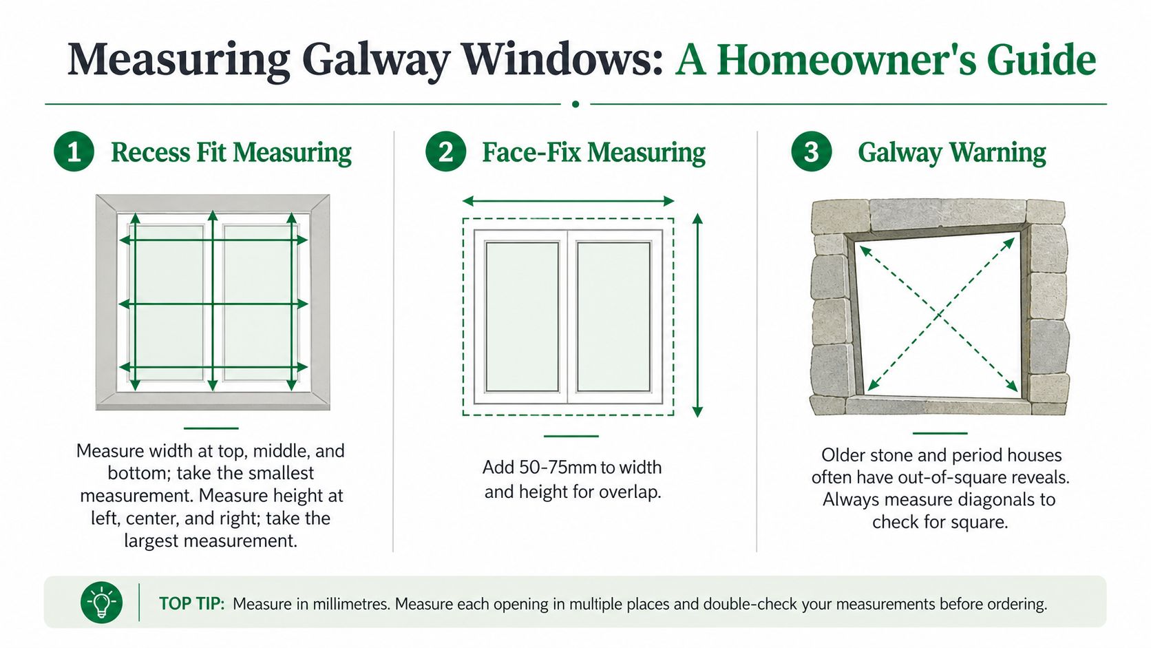 An instructional infographic detailing how to accurately measure windows in Galway homes for proper installation.