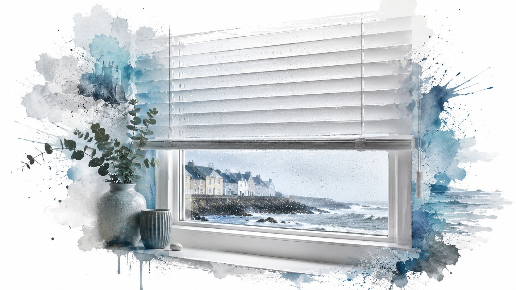 A coastal view through a window with white blinds, a vase with greenery, and rainy weather outdoors.