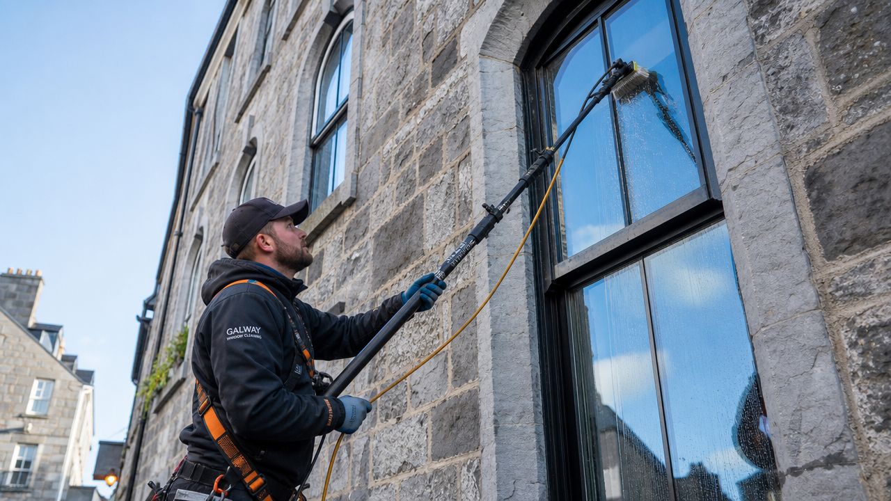 A professional window cleaner uses an extendable pole to clean tall windows on an old stone building.