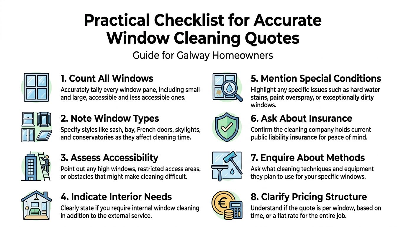An infographic checklist for Galway homeowners to get accurate quotes for professional window cleaning services.