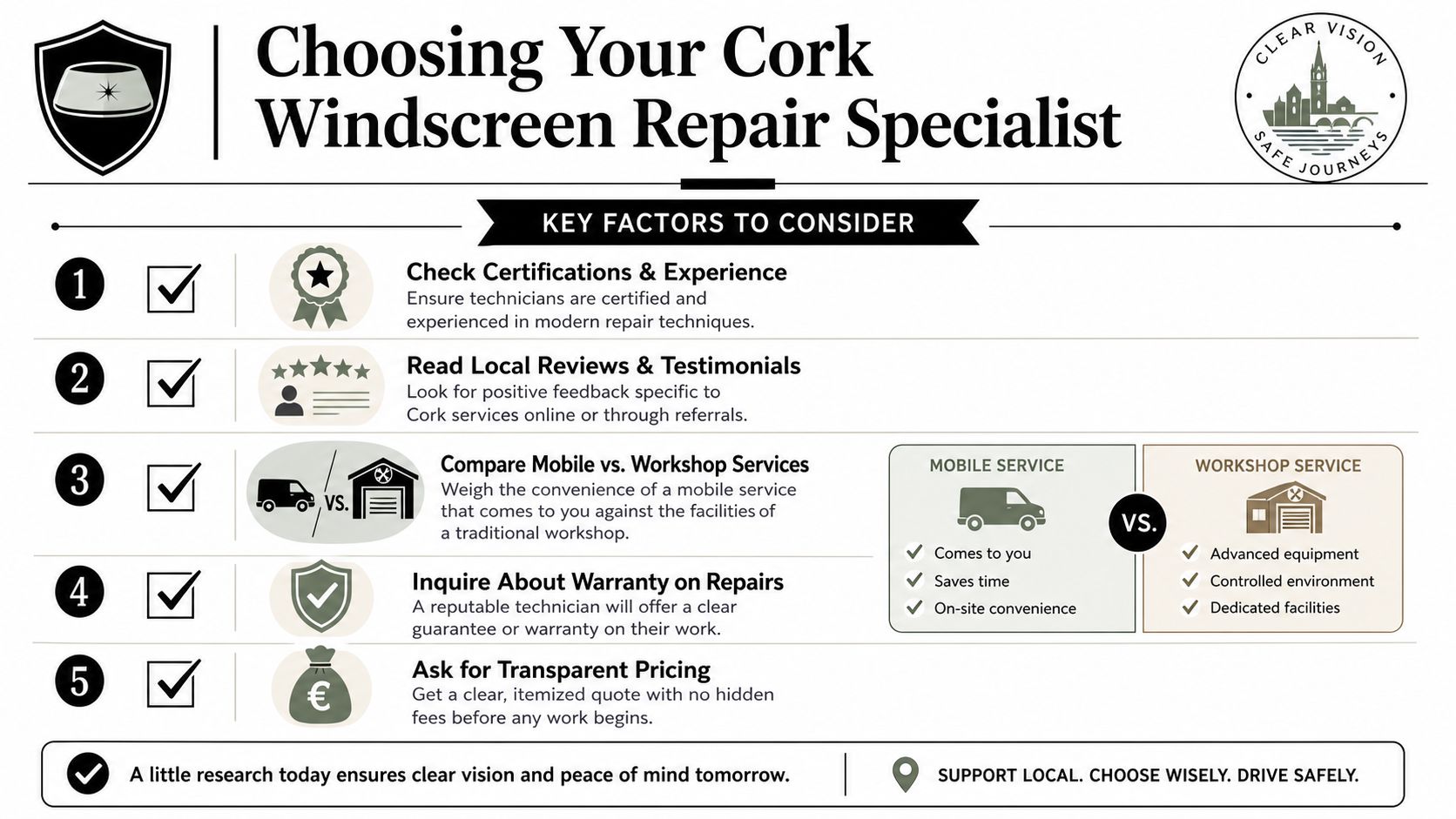 An infographic titled Choosing Your Cork Windscreen Repair Specialist offering five essential tips for choosing professional services.
