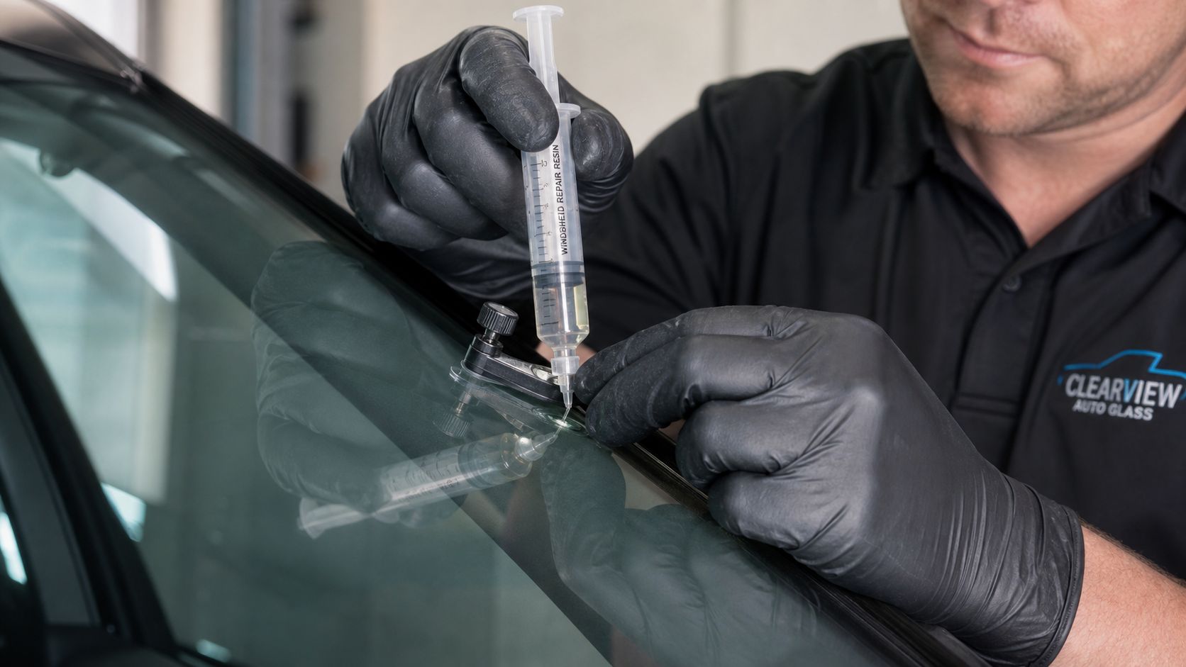 A technician wearing black gloves uses a resin syringe to perform a professional windscreen repair.