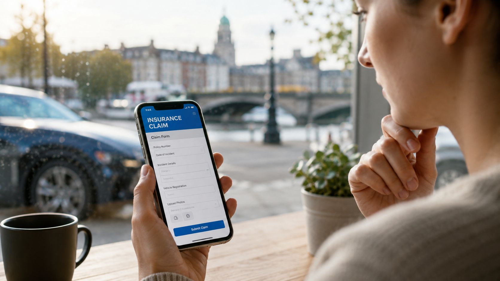 A person holding a smartphone showing an insurance claim form while sitting in a cafe.